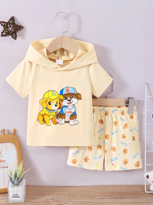 Adorable Dog Short Sleeve Hoodie Outfit for Babies and Toddlers Pastel Yellow