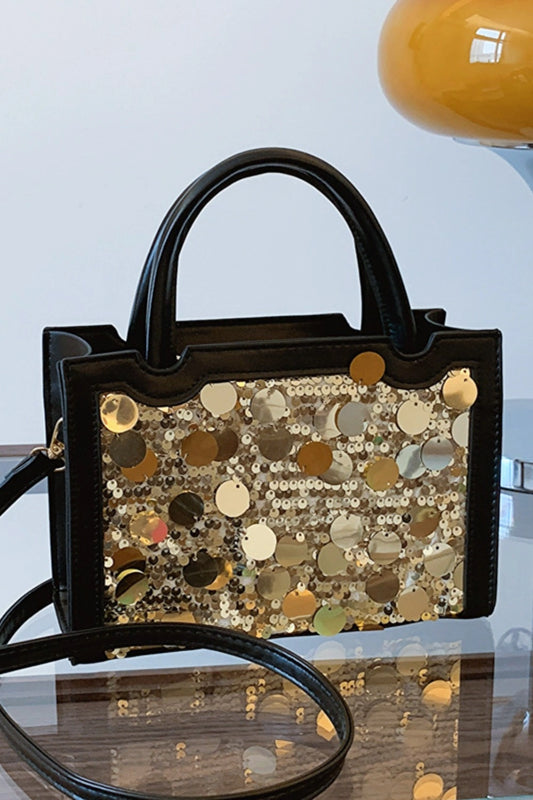 Dazzling PU Leather Sequin Handbag Shimmers in Black and Gold Black One Size