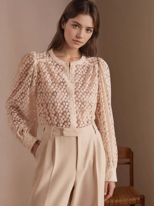 Beautiful Lace Buttoned No Stretch Material Polyester Blouse White