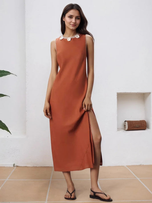 Comfortable Basic Style Slit Ochre Dress Ochre