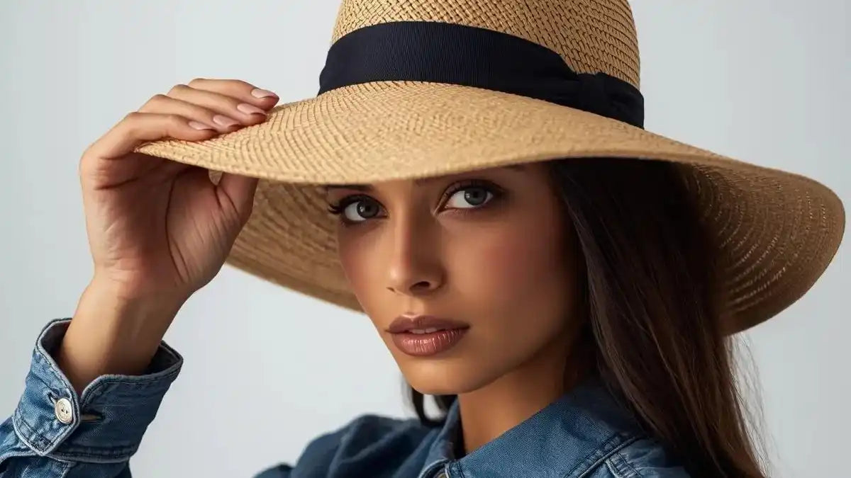 Woman wearing a straw hat with a black band against a plain background