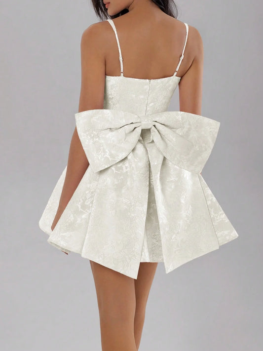 Elegant Bow Ruched White Dress
