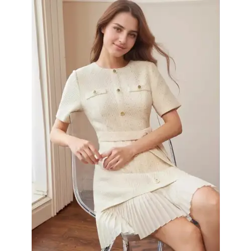 Elegant Buttoned Pleated Belted Dress with Refined Details