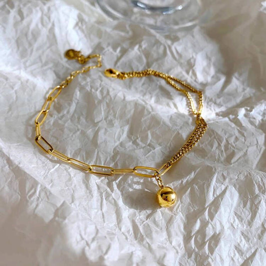 Gold trendy and fashionable double chain splicing and small gold ball design anklet Only