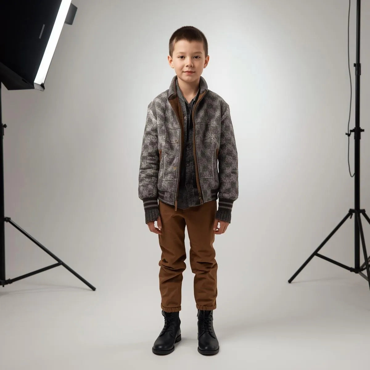 Child wearing a gray fleece jacket and brown pants standing in a photo studio.