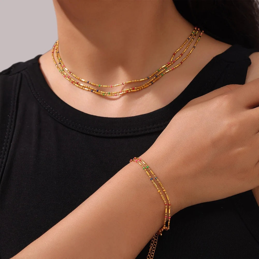 18K Gold light luxury noble geometric shape with round bead design simple style anklet necklace bracelet set