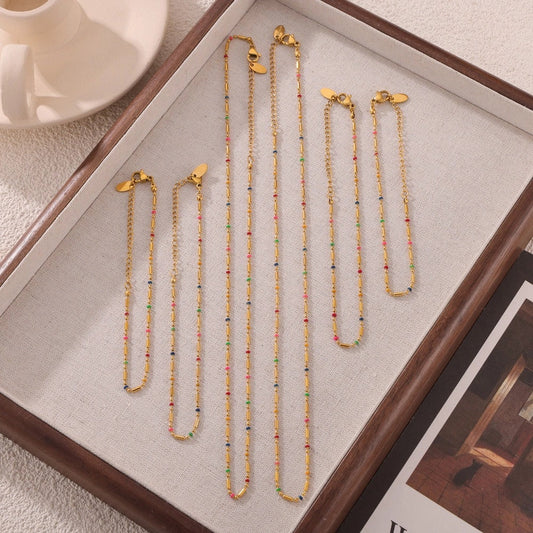 18K Gold light luxury noble geometric shape with round bead design simple style anklet necklace bracelet set