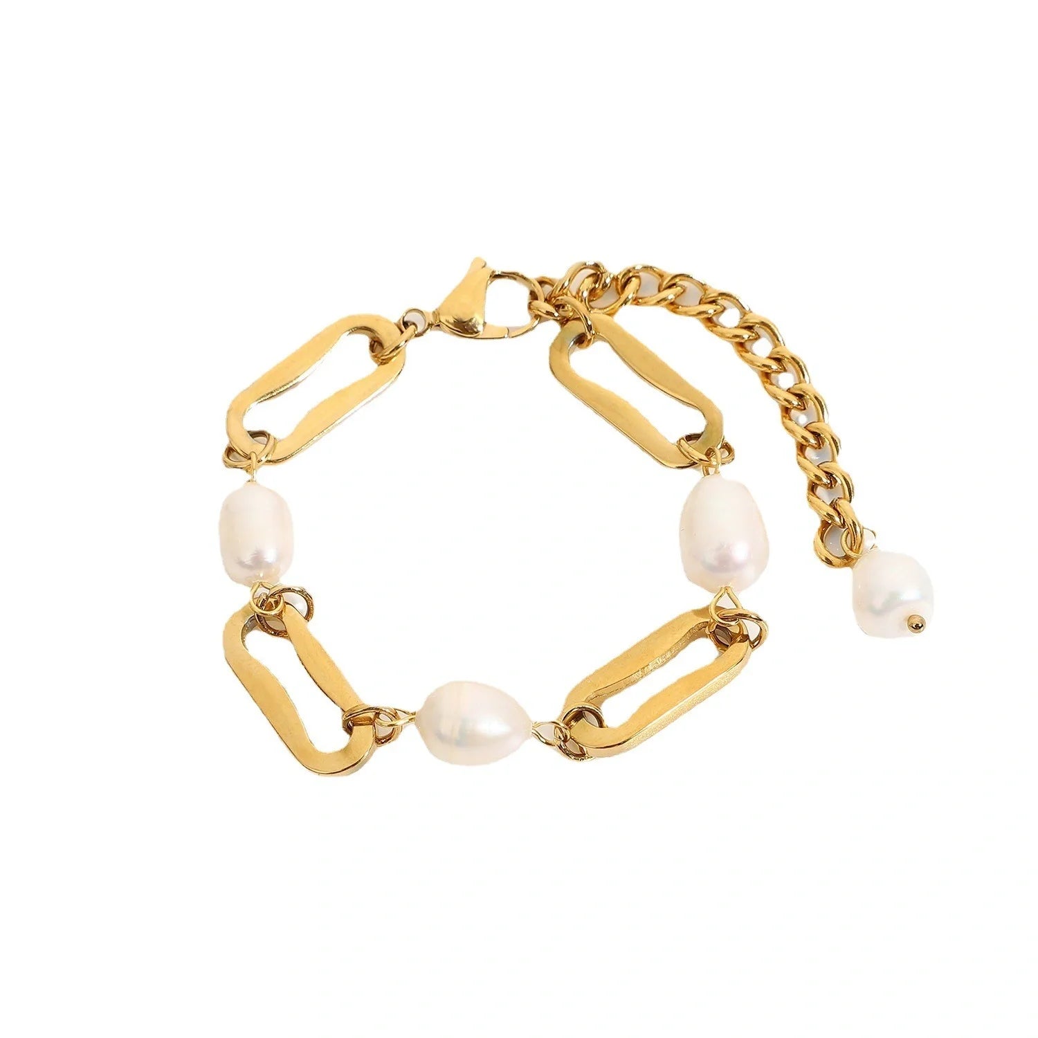 18K Gold Rectangular Chain with Pearl Design High-End Bracelet