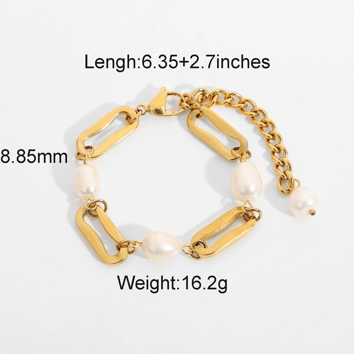 18K Gold Rectangular Chain with Pearl Design High-End Bracelet