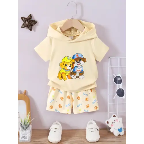 Adorable Dog Short Sleeve Hoodie Outfit for Babies and Toddlers Pastel Yellow