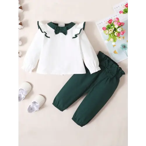 Green & White Ruffled Toddler Set