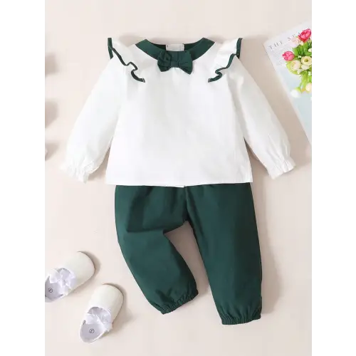 Green & White Ruffled Toddler Set White Green