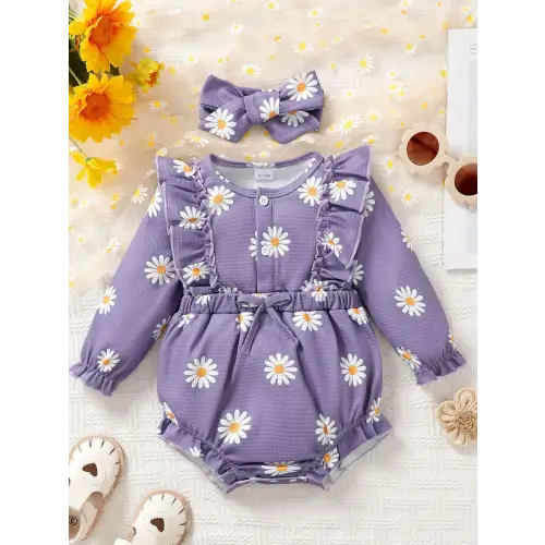 Adorable Purple Daisy Romper Set for Baby Girls Mauve