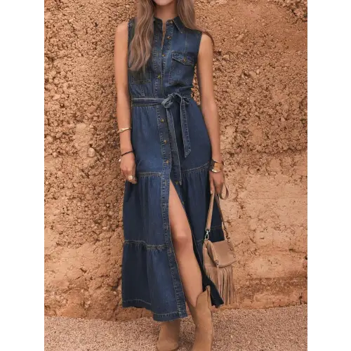 Beautiful Buttoned Tiered Belted Dress for Elegant Style Dark Blue