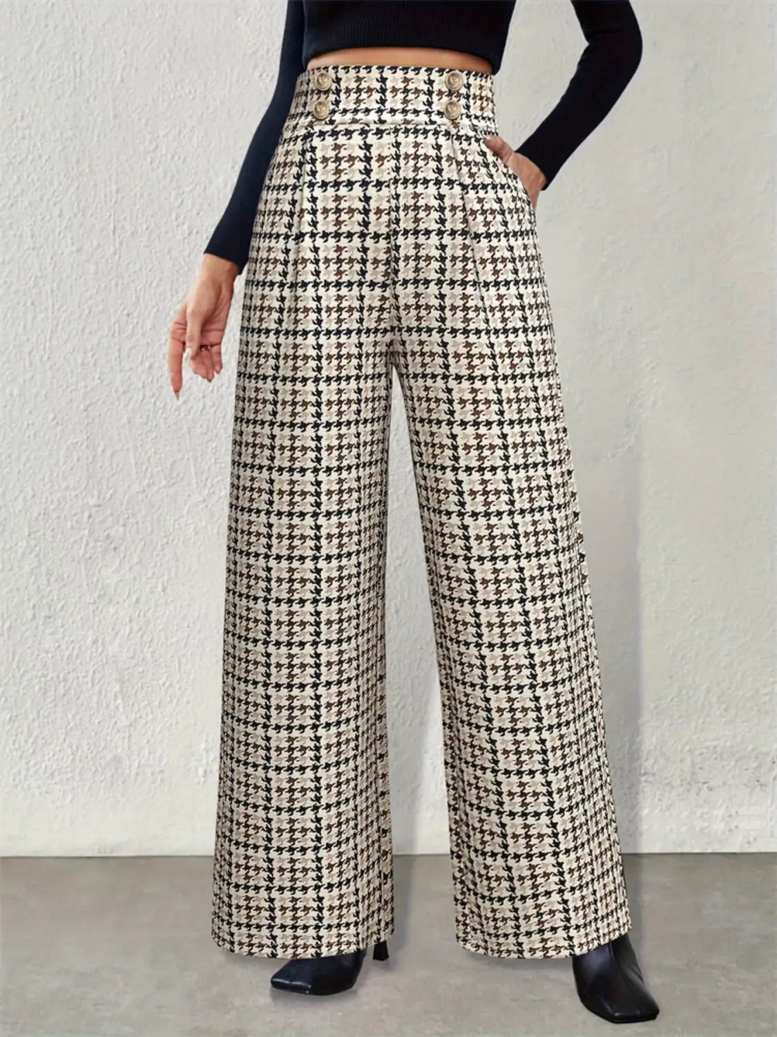 High Waisted Houndstooth Wide Leg Pants
