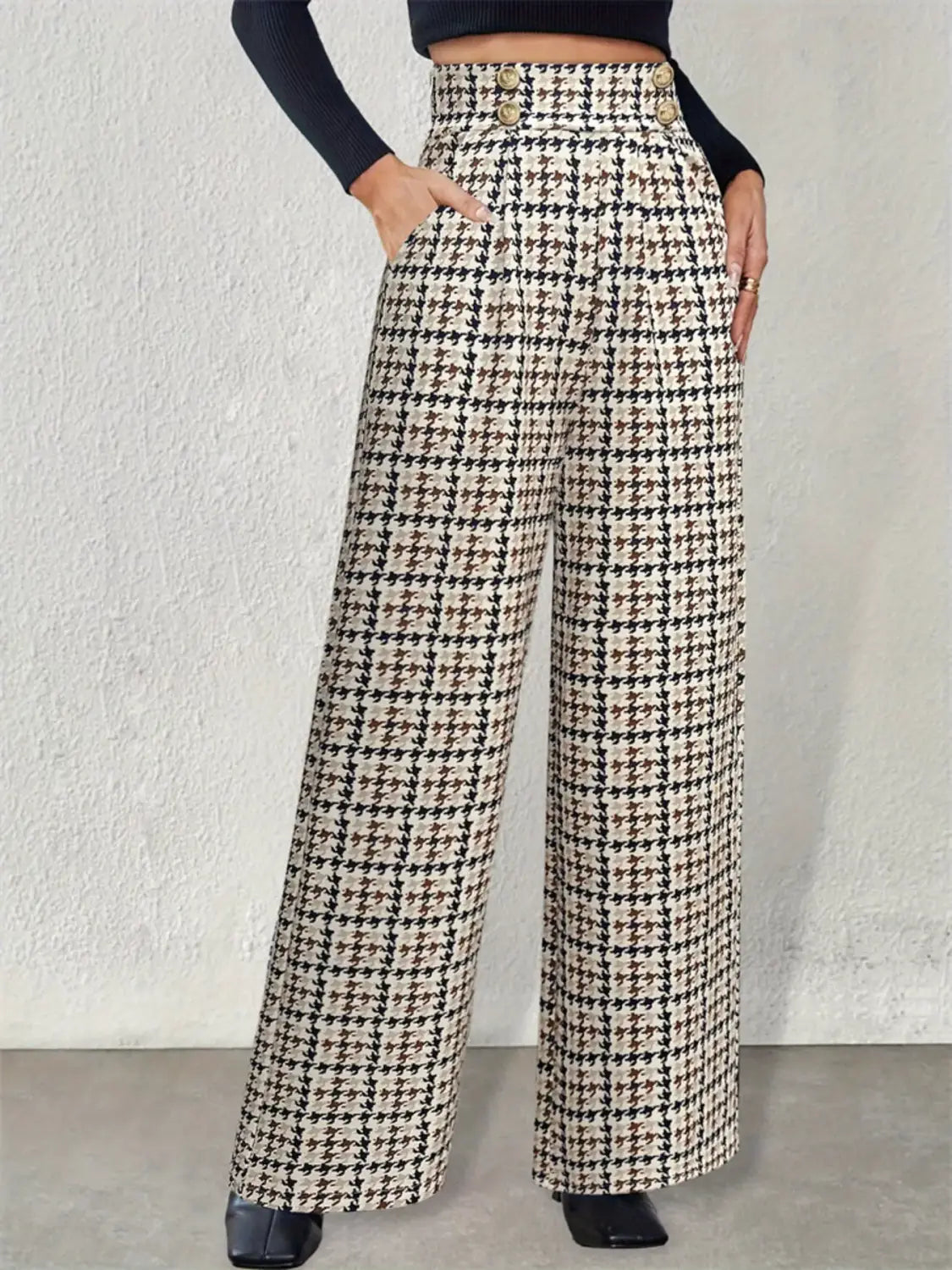 High Waisted Houndstooth Wide Leg Pants