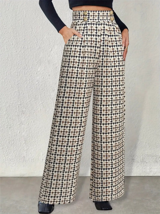 Beloved High Waisted Houndstooth Wide Leg Pants for Every Woman Khaki