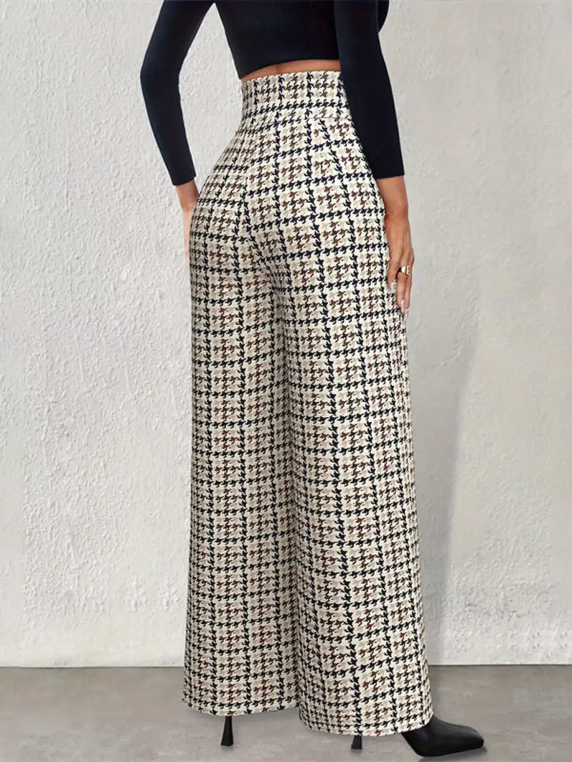 High Waisted Houndstooth Wide Leg Pants