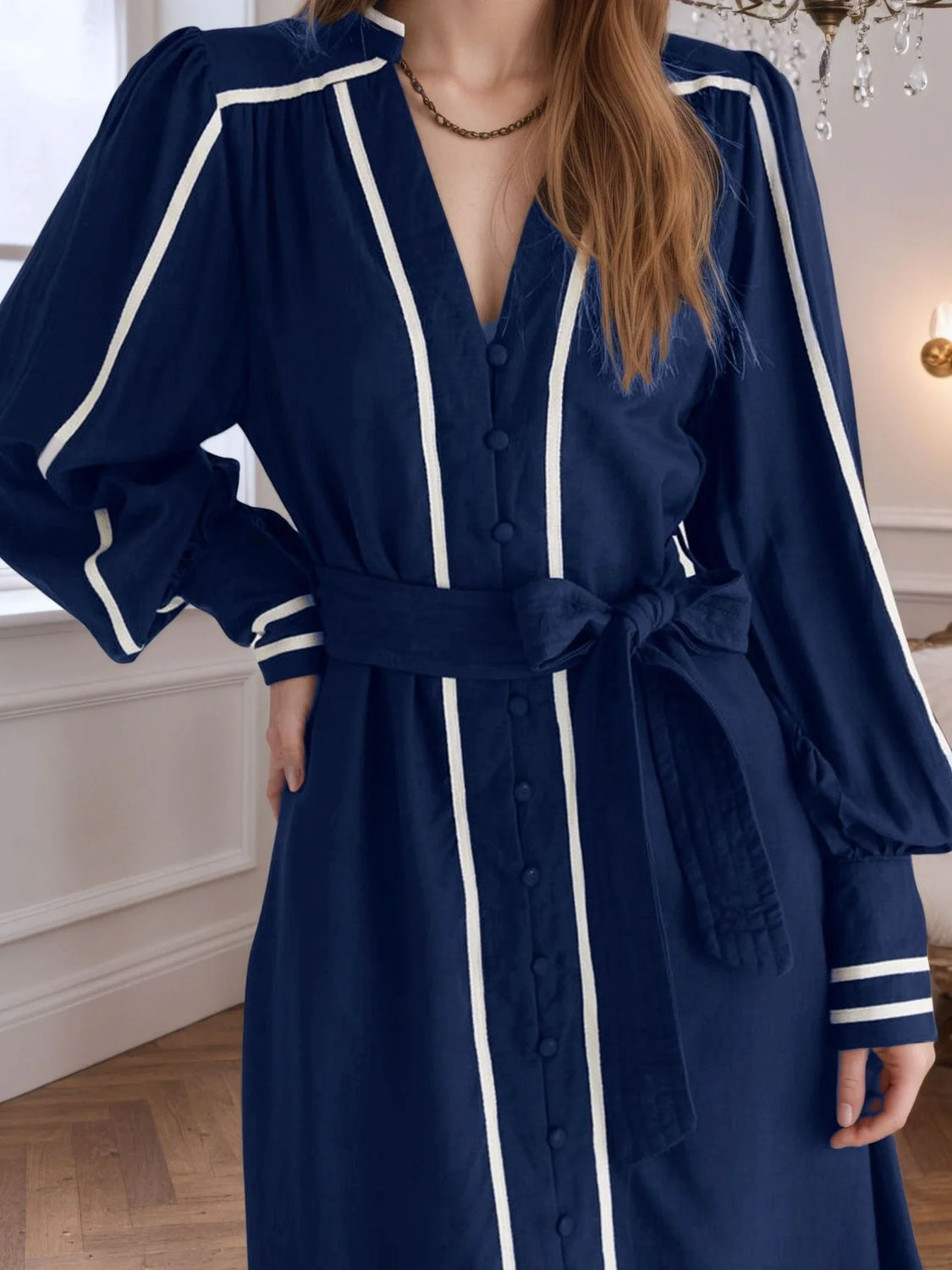 Belted Contrast Navy Dress