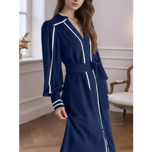 Belted Contrast Navy Dress Navy Blue