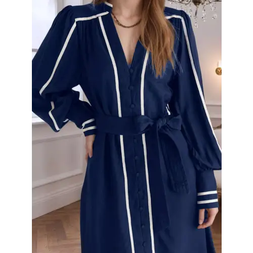 Belted Contrast Navy Dress
