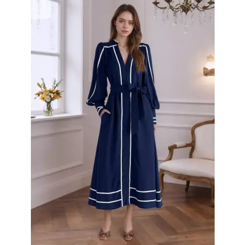 Belted Contrast Navy Dress