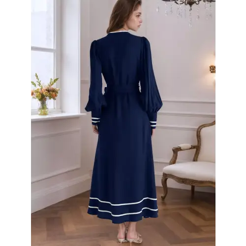 Belted Contrast Navy Dress
