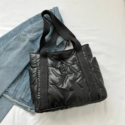 Black Quilted Polyester Tote Bag Black One Size