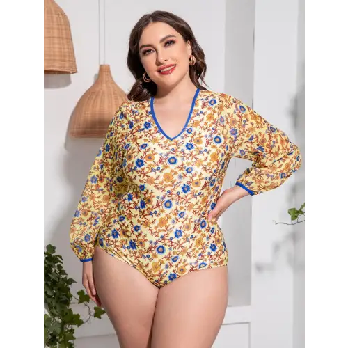 Blooming Beauty Plus Size Long Sleeve One-Piece Swimsuit Gold 2XL
