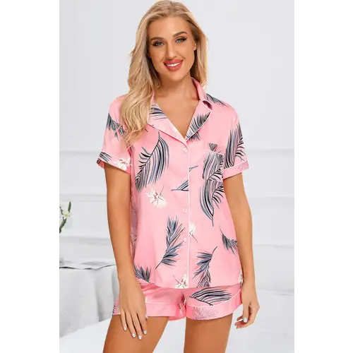Blossom in Comfort Pink Floral Shorts Lounge Set with Printed Button Top Pink