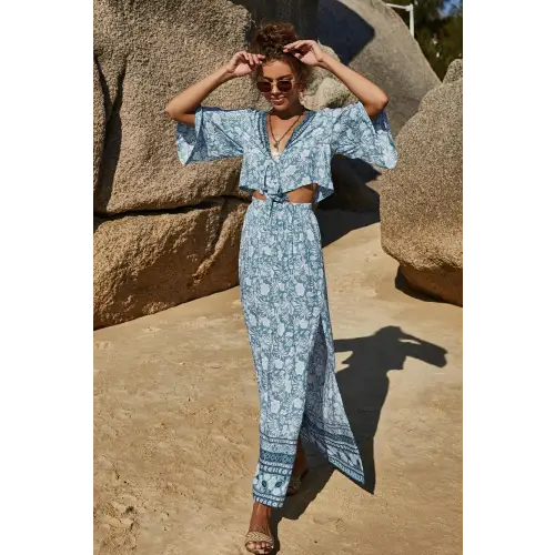 Blossom in Elegance Printed Half Sleeve Top and Slit Skirt Set