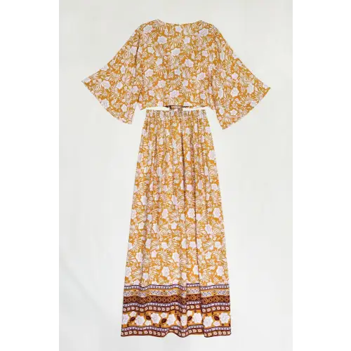 Blossom in Elegance Printed Half Sleeve Top and Slit Skirt Set