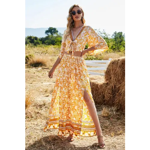 Blossom in Elegance Printed Half Sleeve Top and Slit Skirt Set