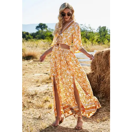 Blossom in Elegance Printed Half Sleeve Top and Slit Skirt Set