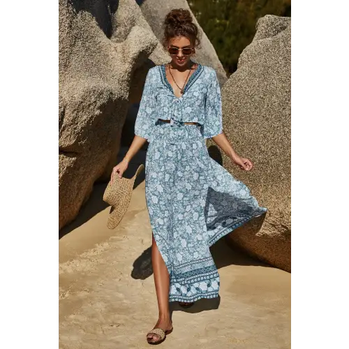 Blossom in Elegance Printed Half Sleeve Top and Slit Skirt Set