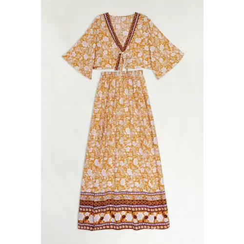 Blossom in Elegance Printed Half Sleeve Top and Slit Skirt Set