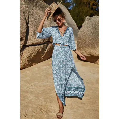 Blossom in Elegance Printed Half Sleeve Top and Slit Skirt Set