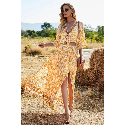 Blossom in Elegance Printed Half Sleeve Top and Slit Skirt Set