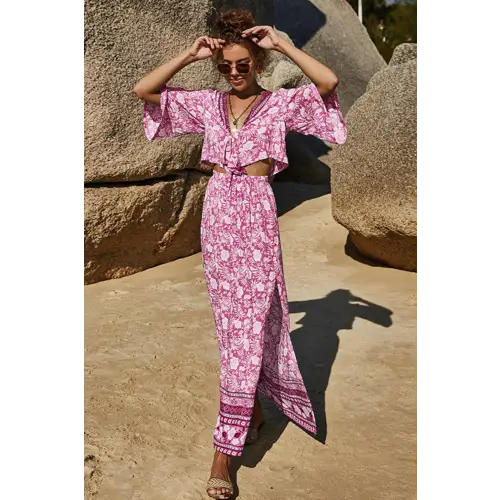 Blossom in Elegance Printed Half Sleeve Top and Slit Skirt Set