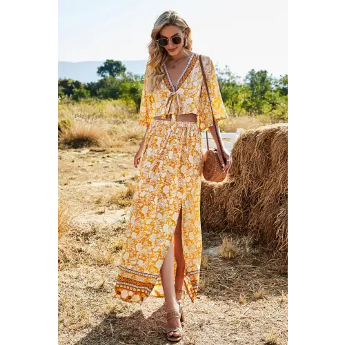 Blossom in Elegance Printed Half Sleeve Top and Slit Skirt Set