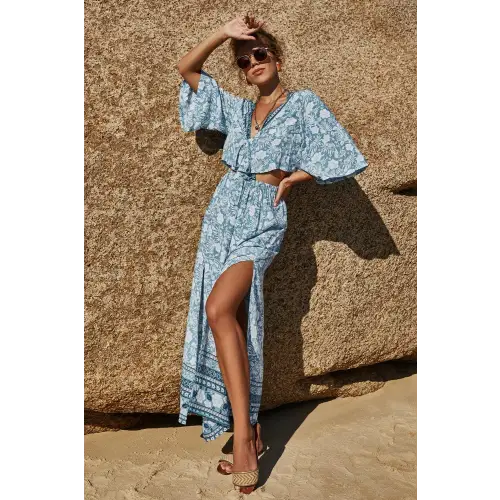Blossom in Elegance Printed Half Sleeve Top and Slit Skirt Set