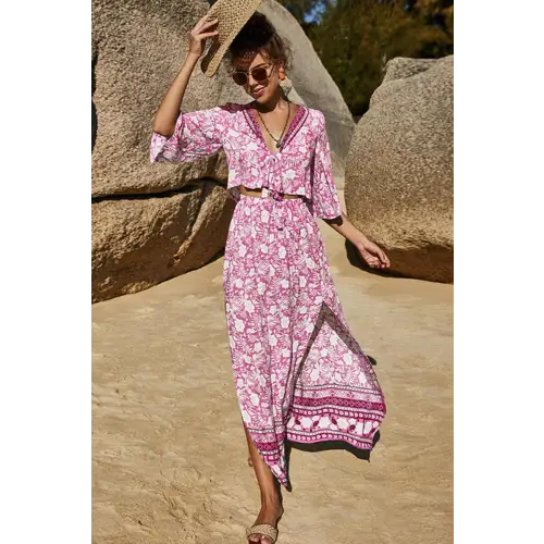 Blossom in Elegance Printed Half Sleeve Top and Slit Skirt Set