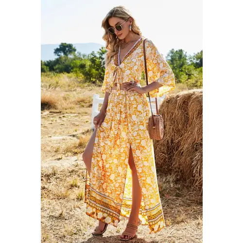 Blossom in Elegance Printed Half Sleeve Top and Slit Skirt Set Tangerine