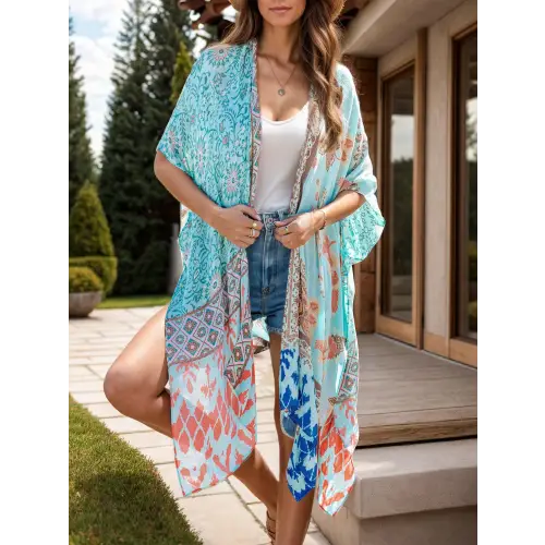 Bohemian Bliss Printed Open Kimono Beach Cover-Up Light Blue One Size