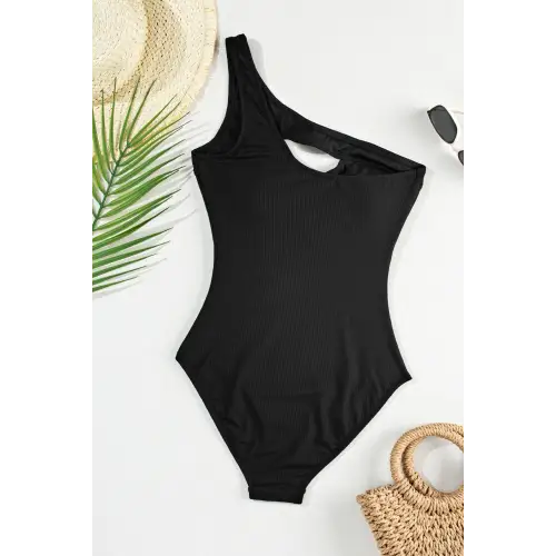Bold Black One Shoulder Sleeveless One Piece Swimwear
