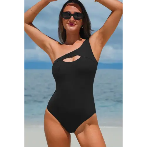 Bold Black One Shoulder Sleeveless One Piece Swimwear