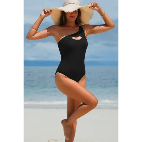 Bold Black One Shoulder Sleeveless One Piece Swimwear