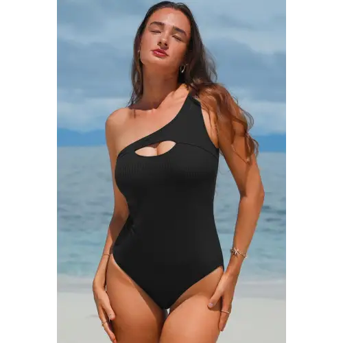Bold Black One Shoulder Sleeveless One Piece Swimwear