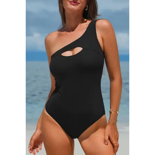 Bold Black One Shoulder Sleeveless One Piece Swimwear Black