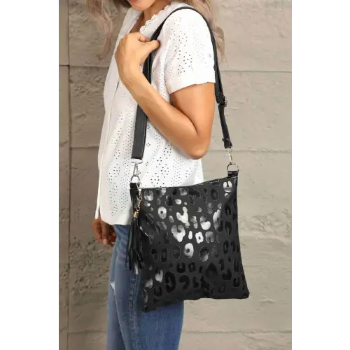 Leopard Leather Shoulder Bag Black One Size